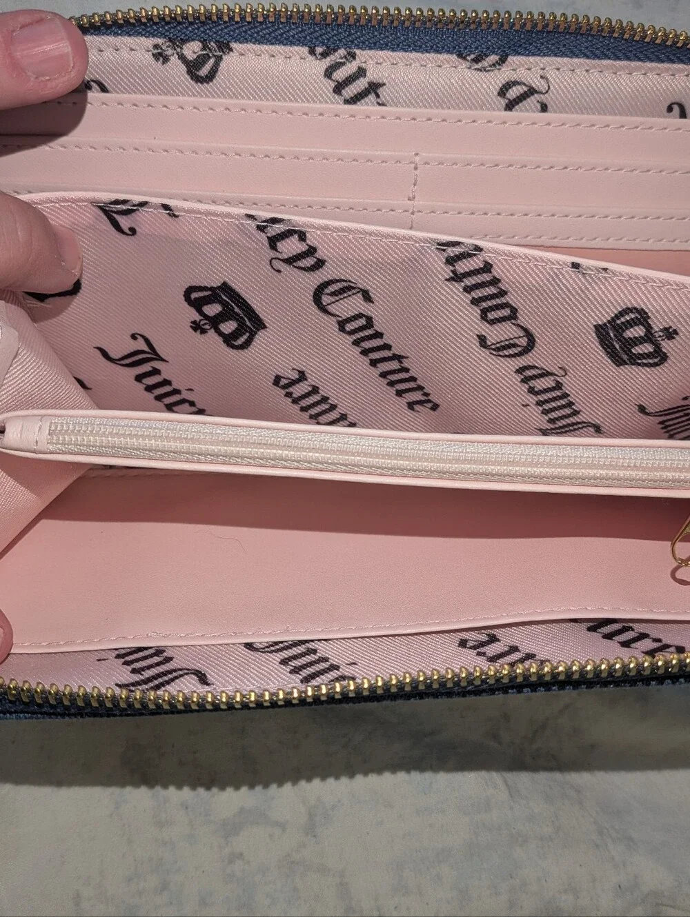 Juicy Couture Denim Zip Wallet with Pink Logo